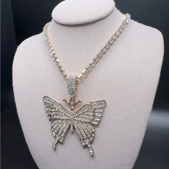 Gold Rhinestone Sparkly Butterfly Necklace - Picture 3 of 3